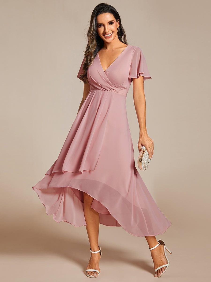 Flowy Ruffles Sleeve V-Neck A-Line Midi Chiffon Wedding Guest Dress #color_Dusty Rose