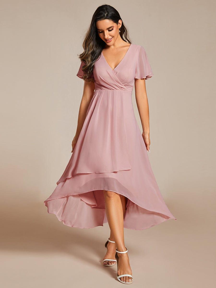 Flowy Ruffles Sleeve V-Neck A-Line Midi Chiffon Wedding Guest Dress #color_Dusty Rose