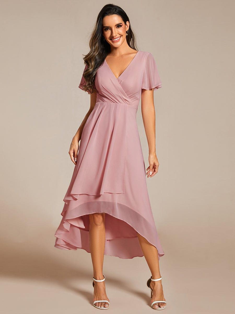 Flowy Ruffles Sleeve V-Neck A-Line Midi Chiffon Wedding Guest Dress #color_Dusty Rose