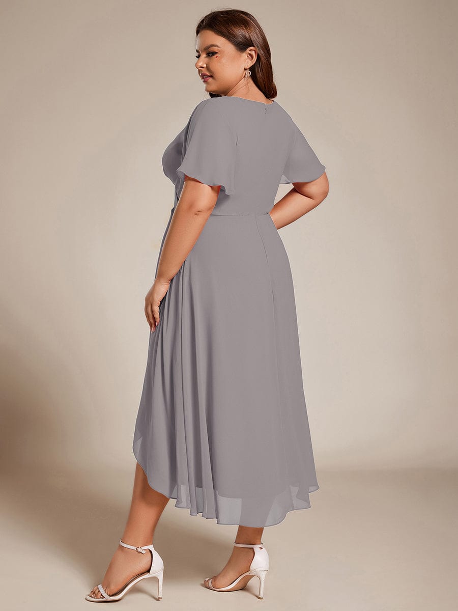 Pleated Chiffon Ruffles Sleeve Midi Bridesmaid Dress #color_Grey