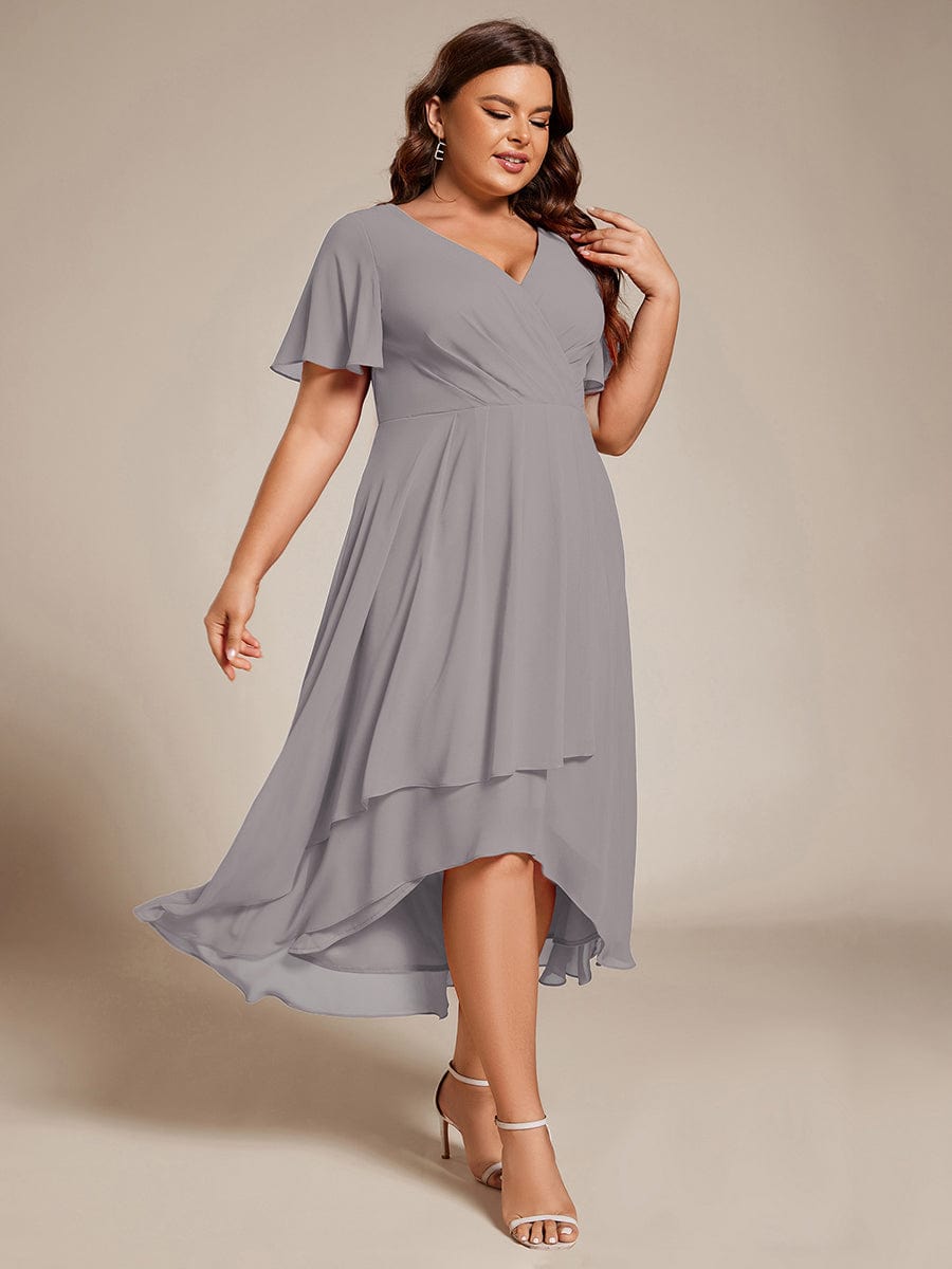 Plus Size Chiffon Short Sleeves Pleated V-Neck A-Line Midi Wedding Guest Dress  #color_Grey