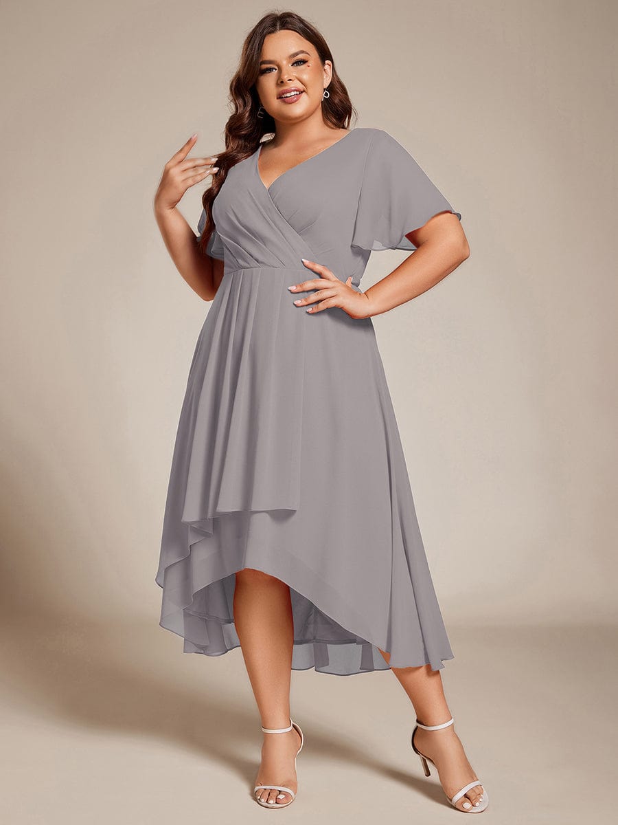 Pleated Chiffon Ruffles Sleeve Midi Bridesmaid Dress #color_Grey