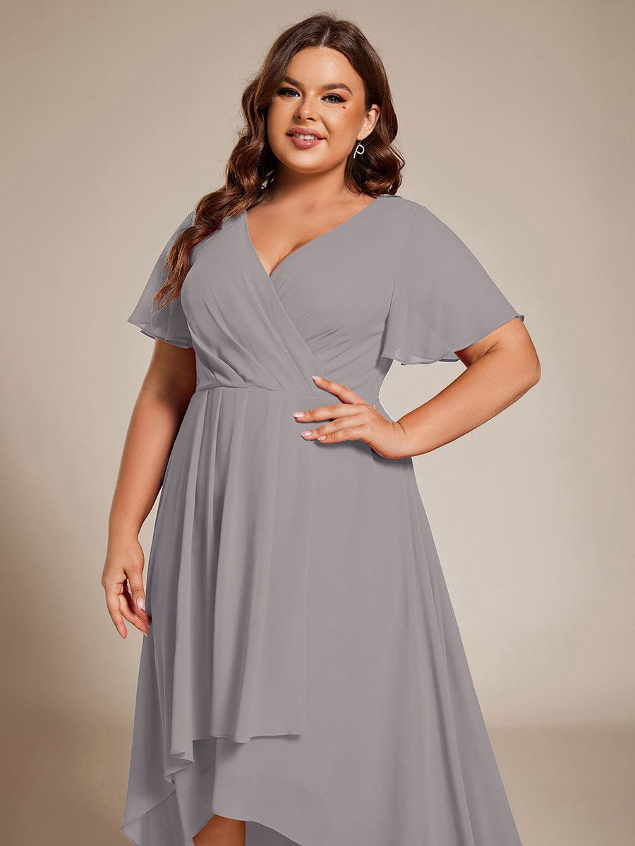 Pleated Chiffon Ruffles Sleeve Midi Bridesmaid Dress #color_Grey