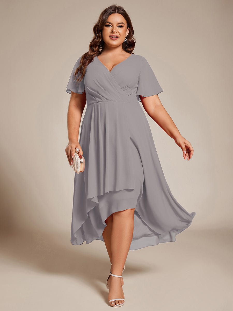 Plus Size Chiffon Short Sleeves Pleated V-Neck A-Line Midi Wedding Guest Dress  #color_Grey