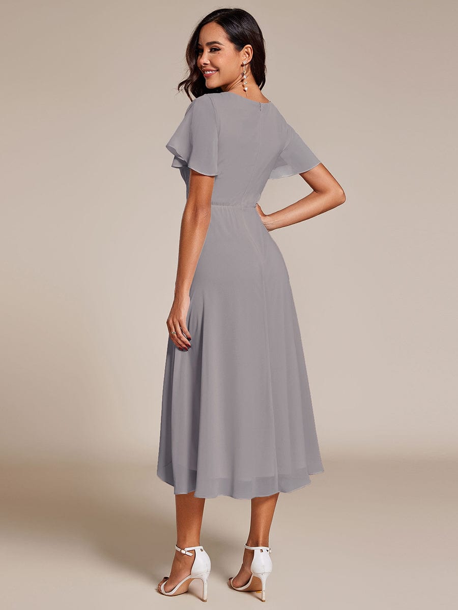 Pleated Chiffon Ruffles Sleeve Midi Bridesmaid Dress #color_Grey