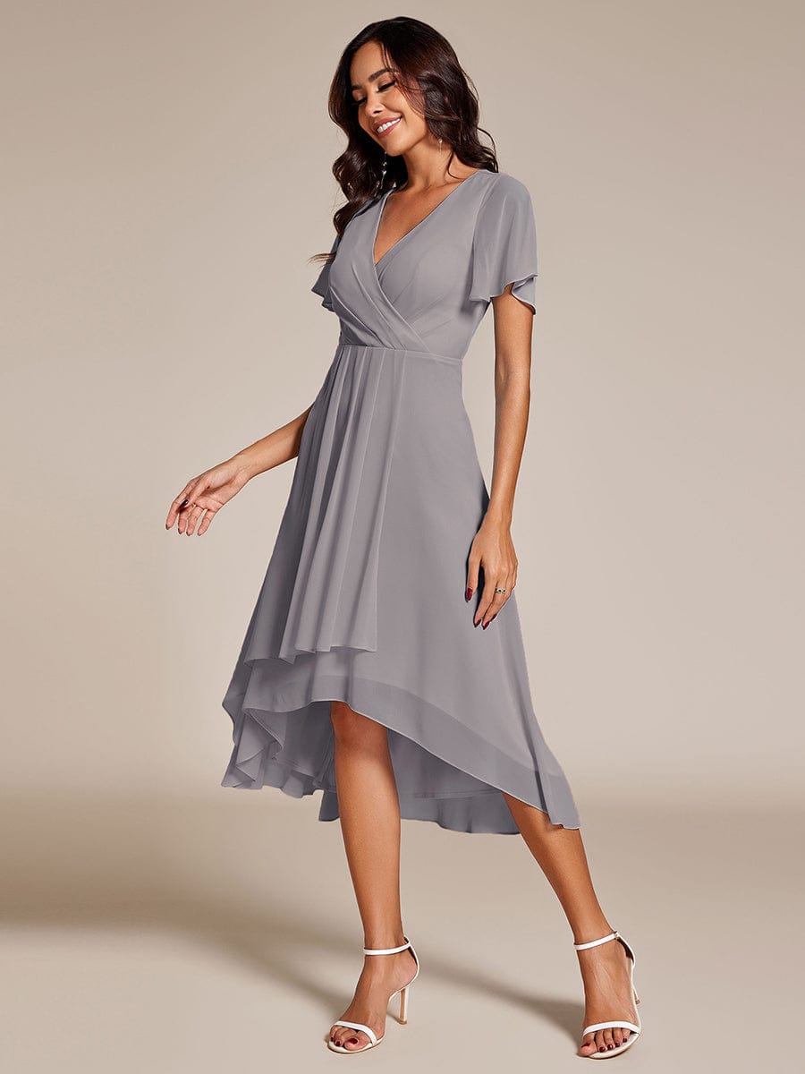 Pleated Chiffon Ruffles Sleeve Midi Bridesmaid Dress #color_Grey