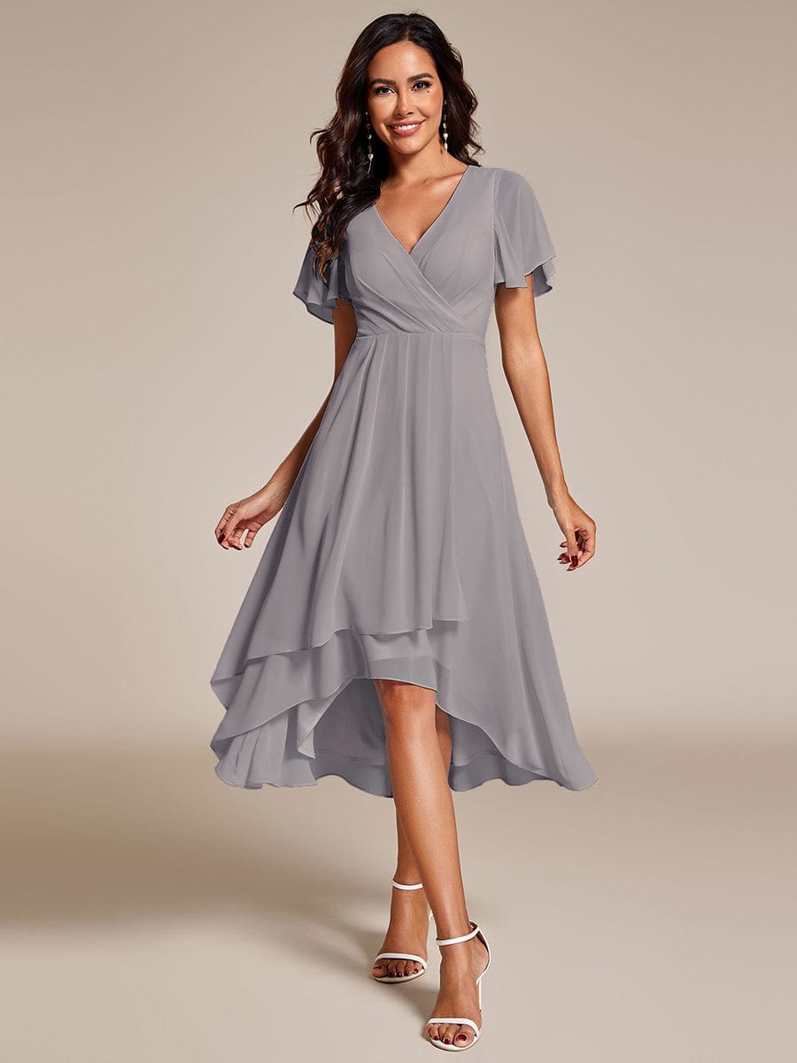 Pleated Chiffon Ruffles Sleeve Midi Bridesmaid Dress #color_Grey