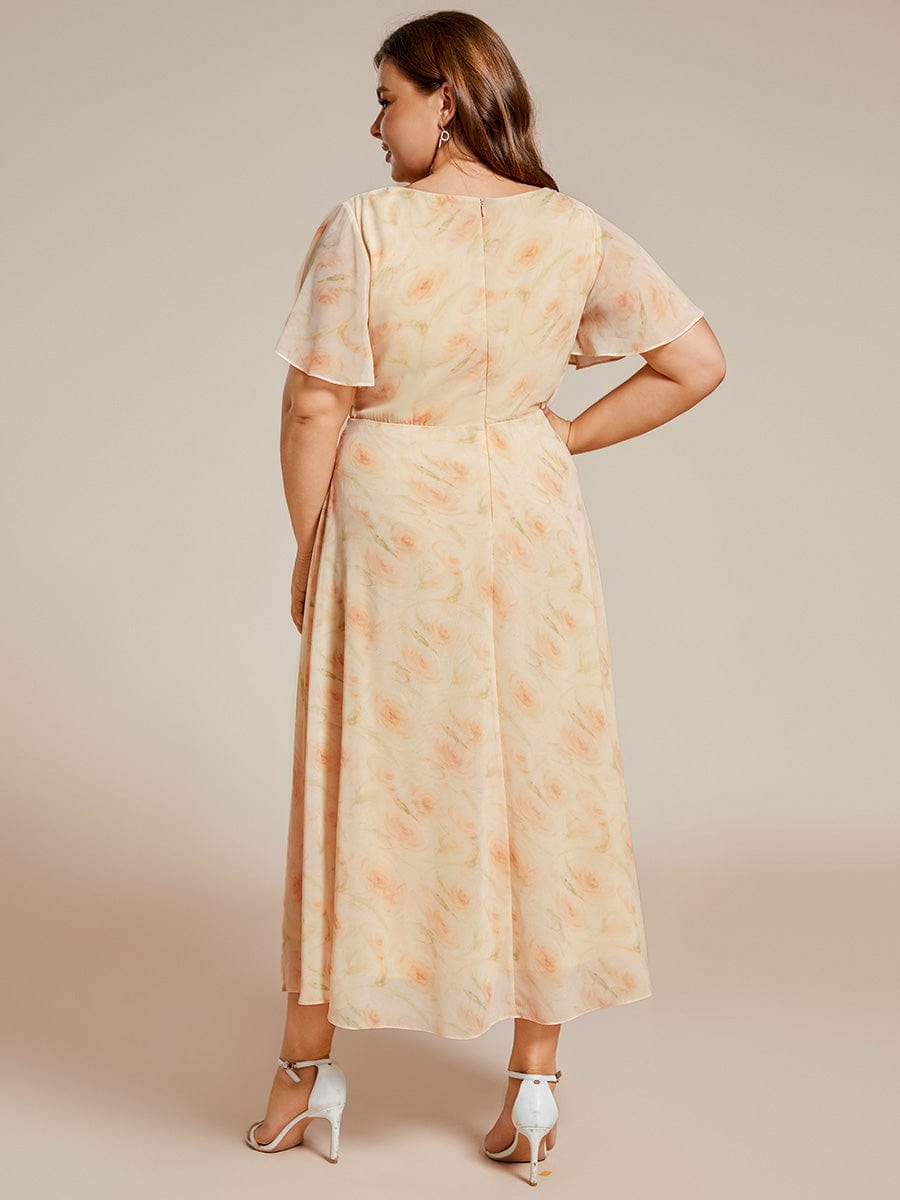 Plus Size Chiffon Short Sleeves Pleated V-Neck A-Line Midi Wedding Guest Dress #color_Golden Roses