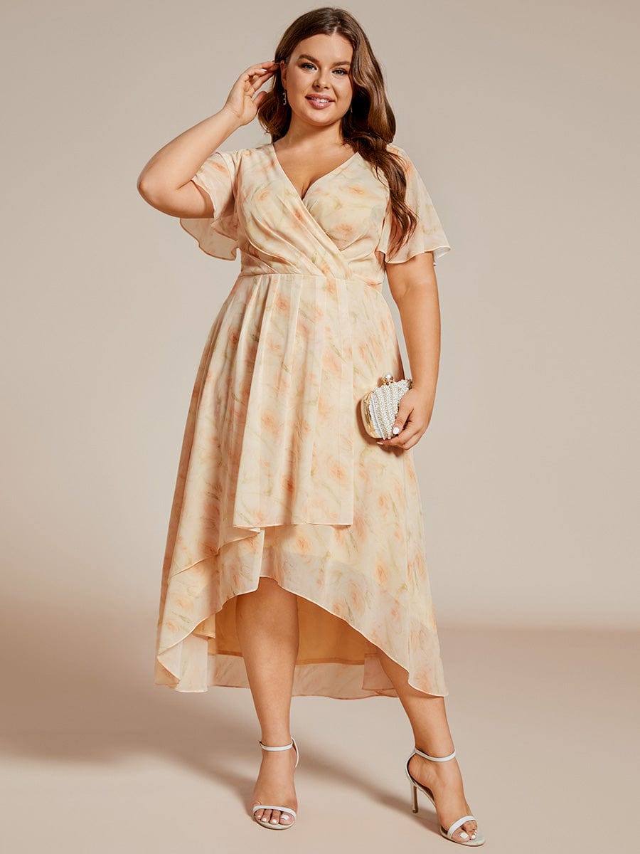 Plus Size Chiffon Short Sleeves Pleated V-Neck A-Line Midi Wedding Guest Dress  #color_Golden Roses