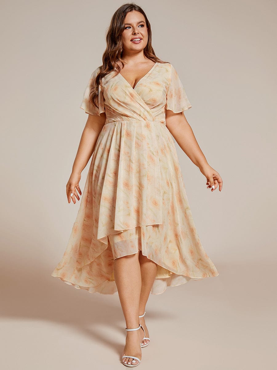 Plus Size Chiffon Short Sleeves Pleated V-Neck A-Line Midi Wedding Guest Dress  #color_Golden Roses
