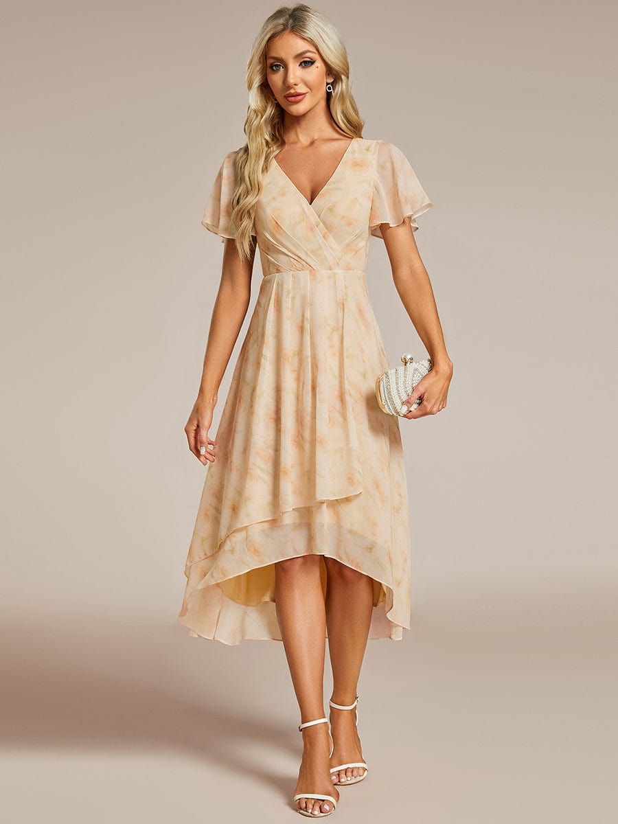 Pleated Chiffon Ruffles Sleeve Midi Bridesmaid Dress #color_Golden Roses