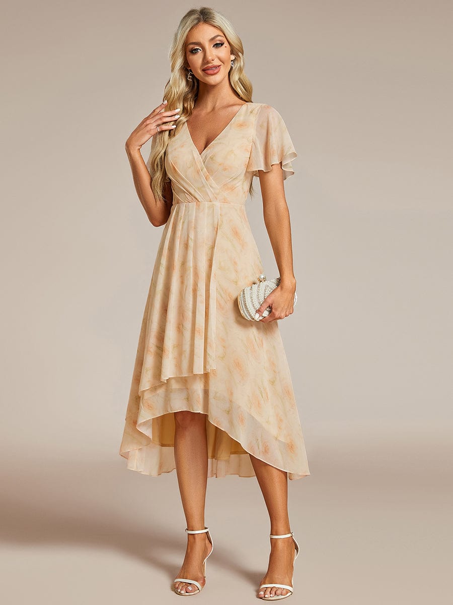 Pleated Chiffon Ruffles Sleeve Midi Bridesmaid Dress #color_Golden Roses