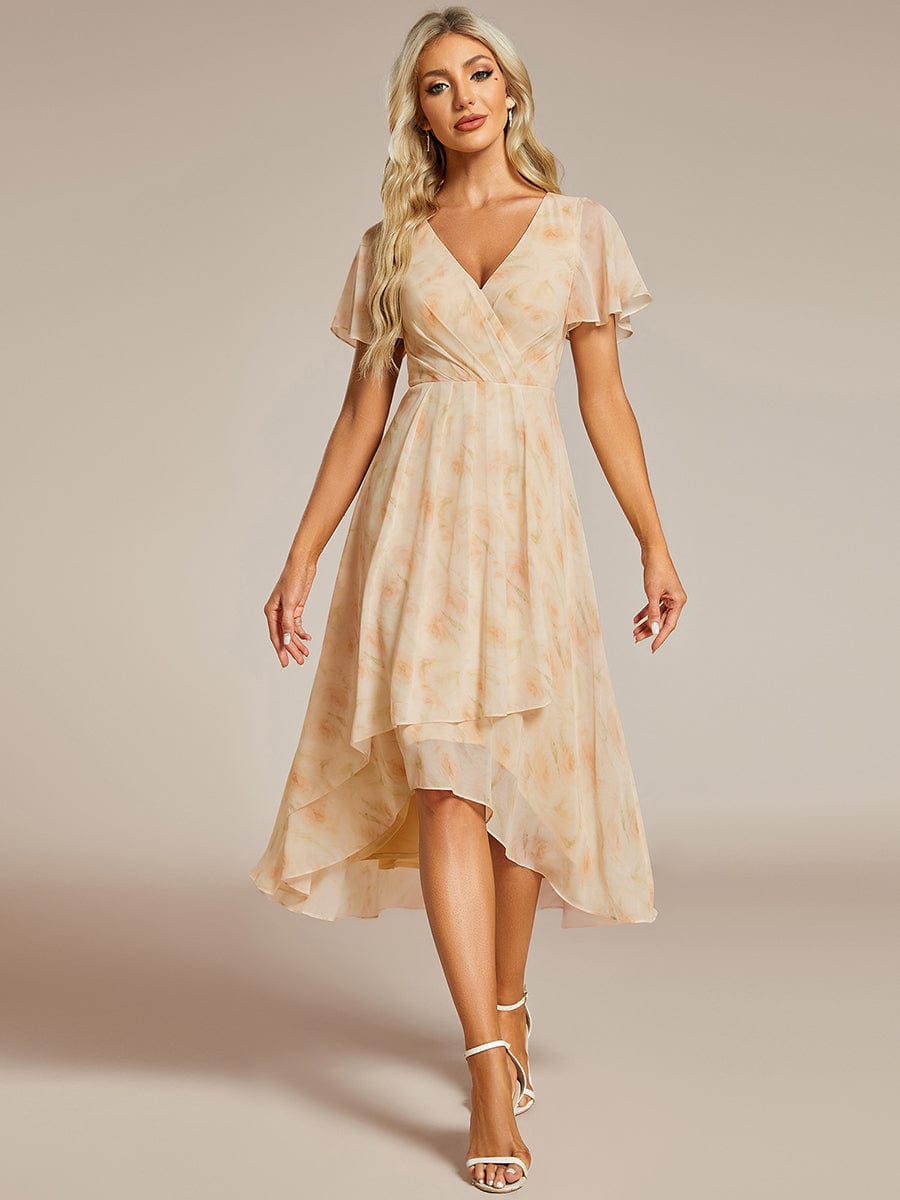 Pleated Chiffon Ruffles Sleeve Midi Bridesmaid Dress #color_Golden Roses