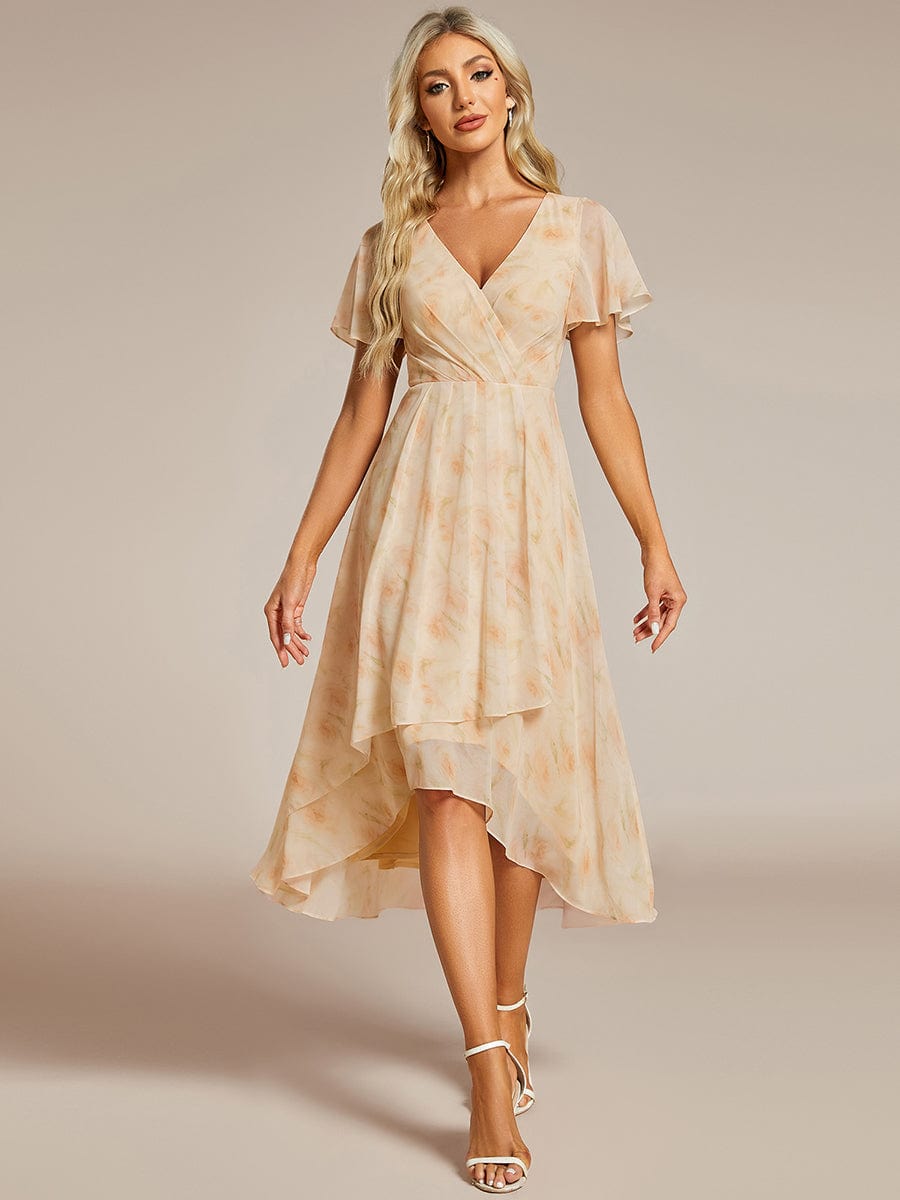 Ruffles Sleeve Pleated V-Neck A-Line Midi Chiffon Wedding Guest Dress #color_Golden Roses