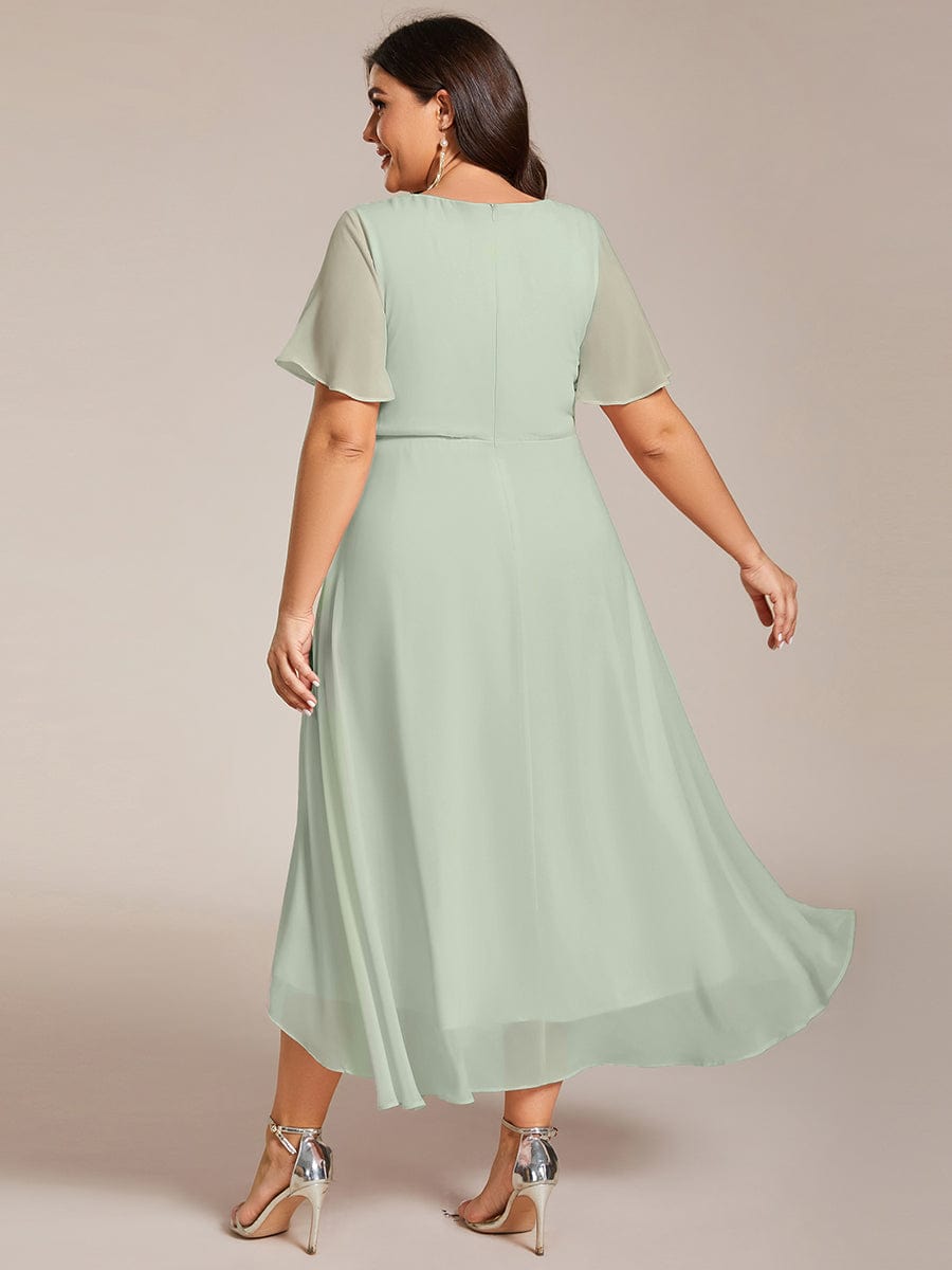 Ruffles Sleeve Pleated V-Neck A-Line Midi Chiffon Wedding Guest Dress #color_Mint Green