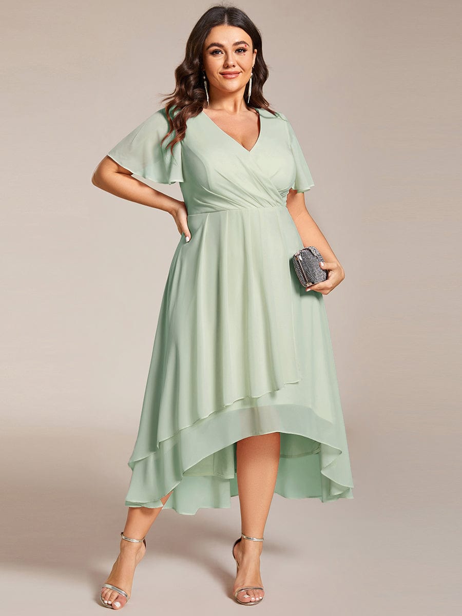 Pleated Chiffon Ruffles Sleeve Midi Bridesmaid Dress #color_Mint Green