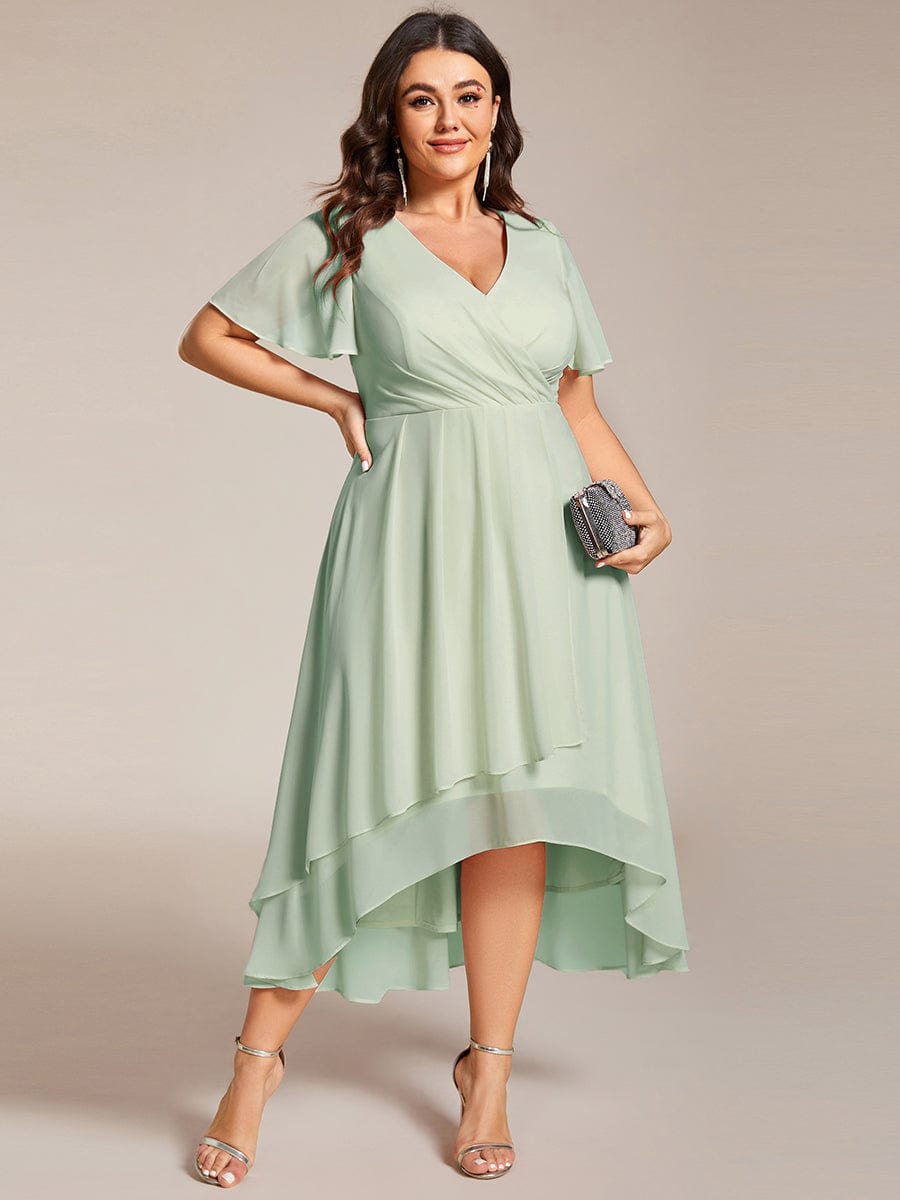 Ruffles Sleeve Pleated V-Neck A-Line Midi Chiffon Wedding Guest Dress #color_Mint Green