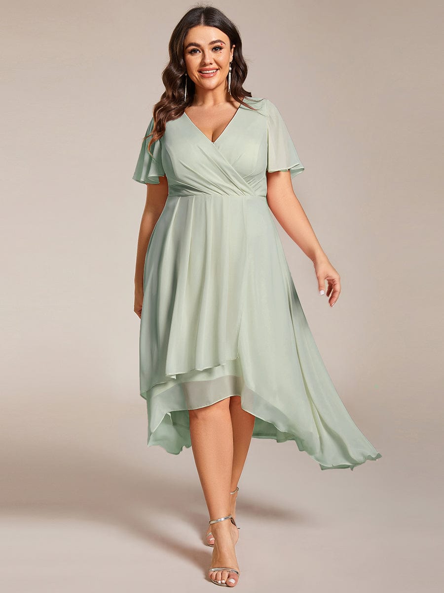 Plus Size Chiffon Short Sleeves Pleated V-Neck A-Line Midi Wedding Guest Dress #color_Mint Green