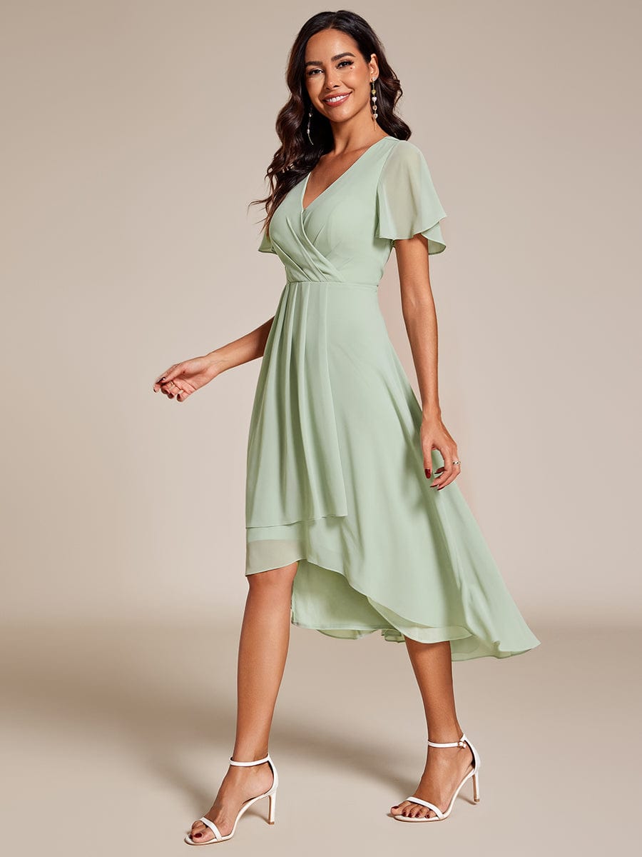 Pleated Chiffon Ruffles Sleeve Midi Bridesmaid Dress #color_Mint Green