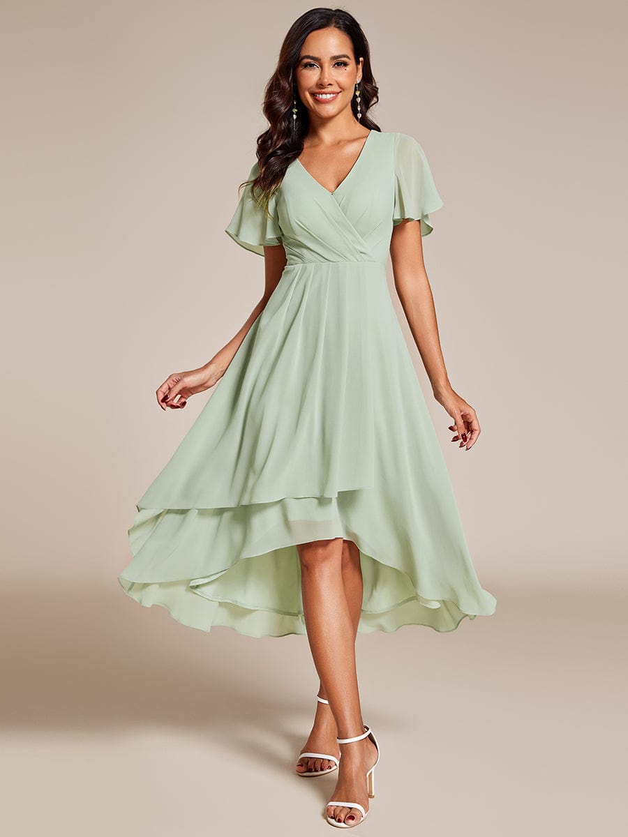 Pleated Chiffon Ruffles Sleeve Midi Bridesmaid Dress #color_Mint Green