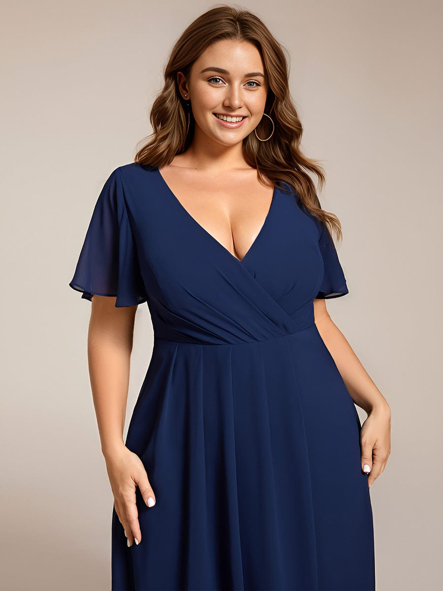 Pleated Chiffon Ruffles Sleeve Midi Bridesmaid Dress #color_Navy Blue