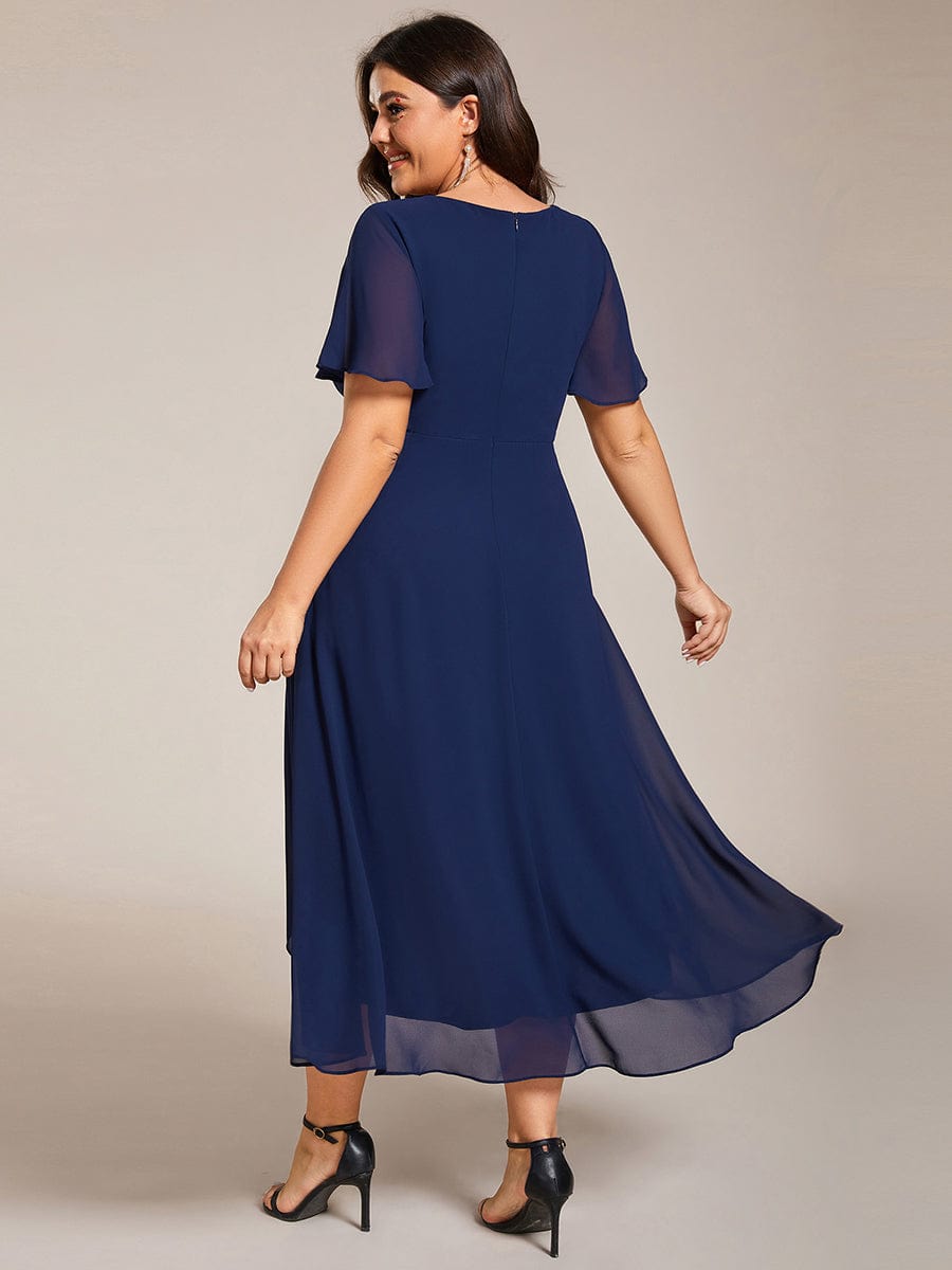 Plus Size Chiffon Short Sleeves Pleated V-Neck A-Line Midi Wedding Guest Dress #color_Navy Blue