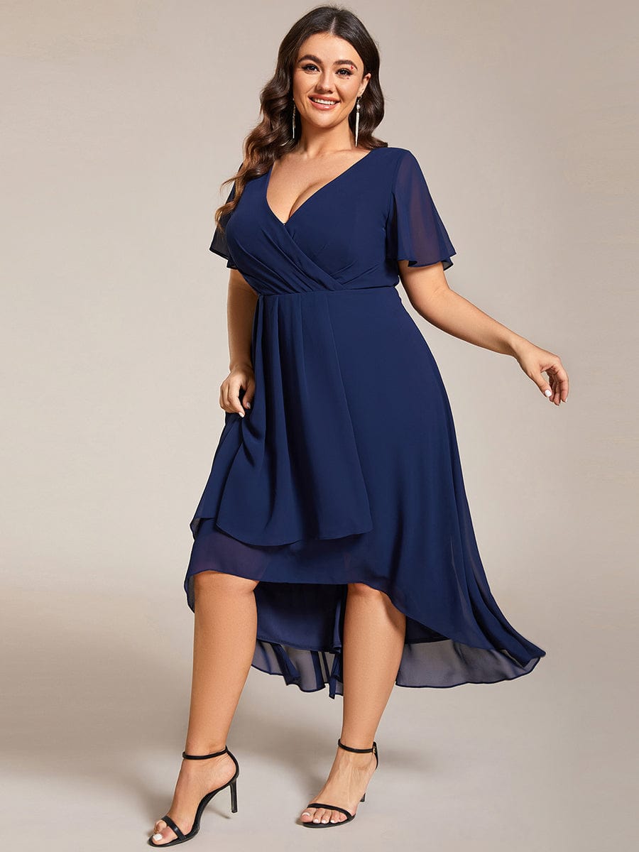 Plus Size Chiffon Short Sleeves Pleated V-Neck A-Line Midi Wedding Guest Dress #color_Navy Blue