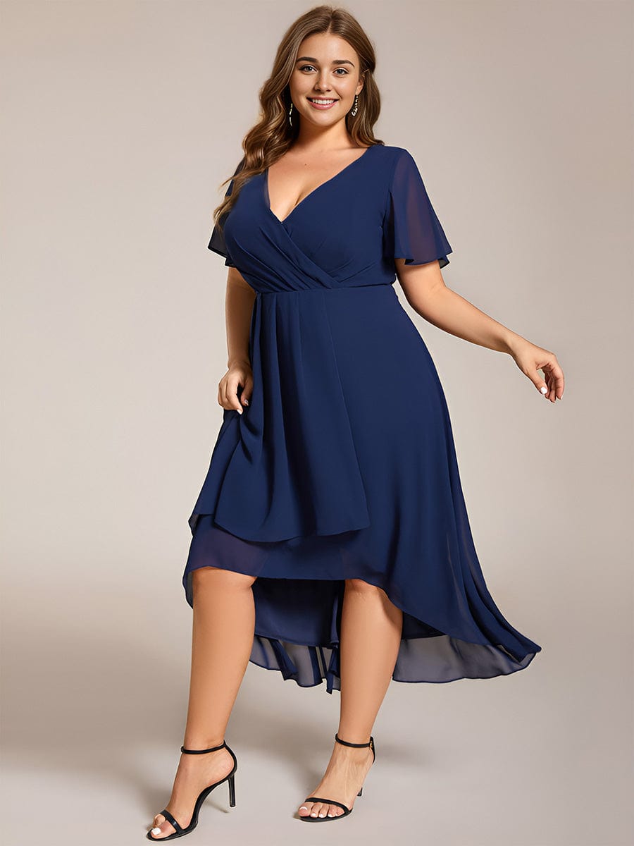 Pleated Chiffon Ruffles Sleeve Midi Bridesmaid Dress #color_Navy Blue