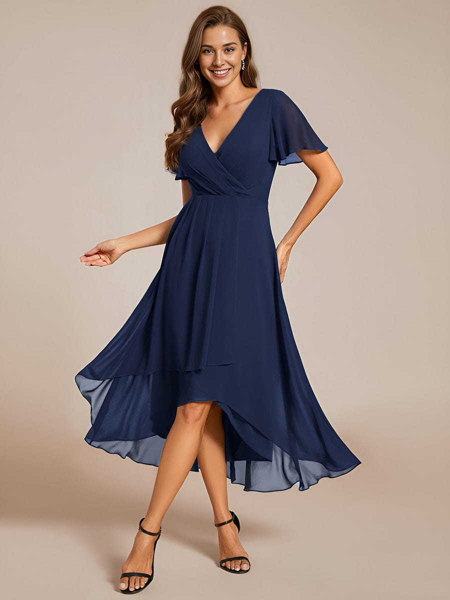 Pleated Chiffon Ruffles Sleeve Midi Bridesmaid Dress #color_Navy Blue