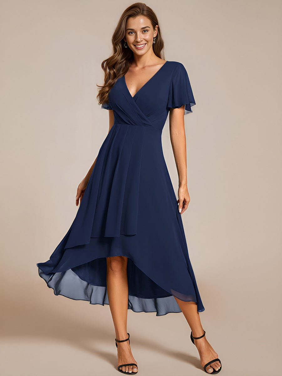 Ruffles Sleeve Pleated V-Neck A-Line Midi Chiffon Wedding Guest Dress #color_Navy Blue