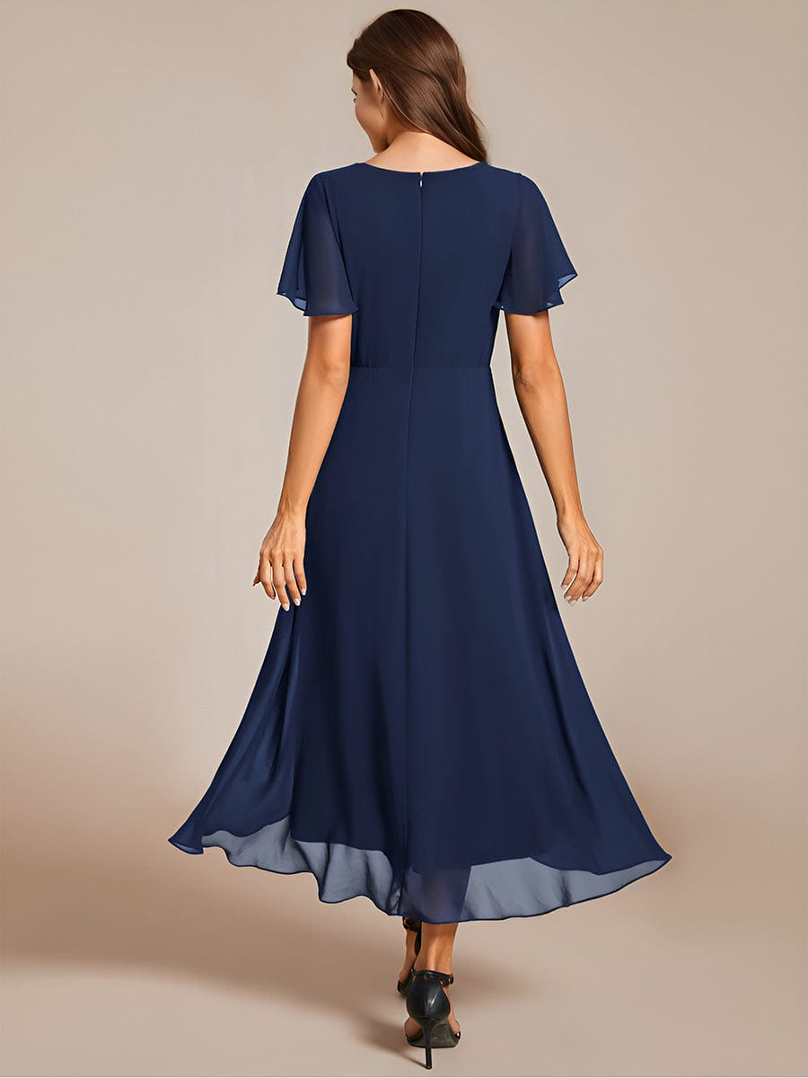 Ruffles Sleeve Pleated V-Neck A-Line Midi Chiffon Wedding Guest Dress #color_Navy Blue