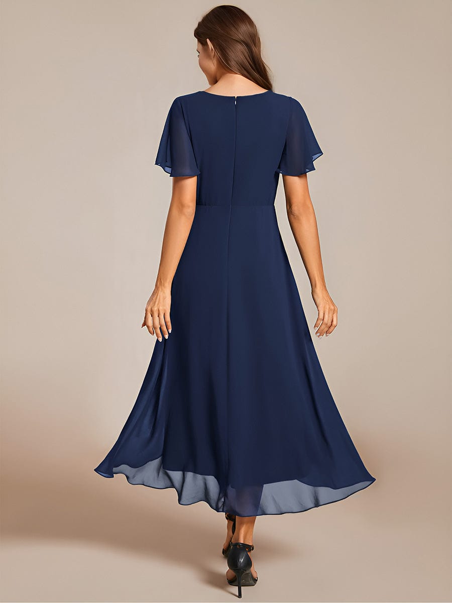 Pleated Chiffon Ruffles Sleeve Midi Bridesmaid Dress #color_Navy Blue