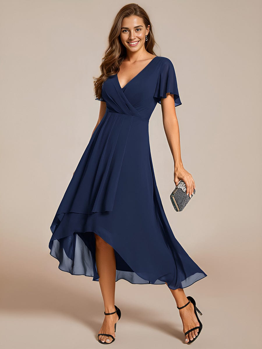 Pleated Chiffon Ruffles Sleeve Midi Bridesmaid Dress #color_Navy Blue