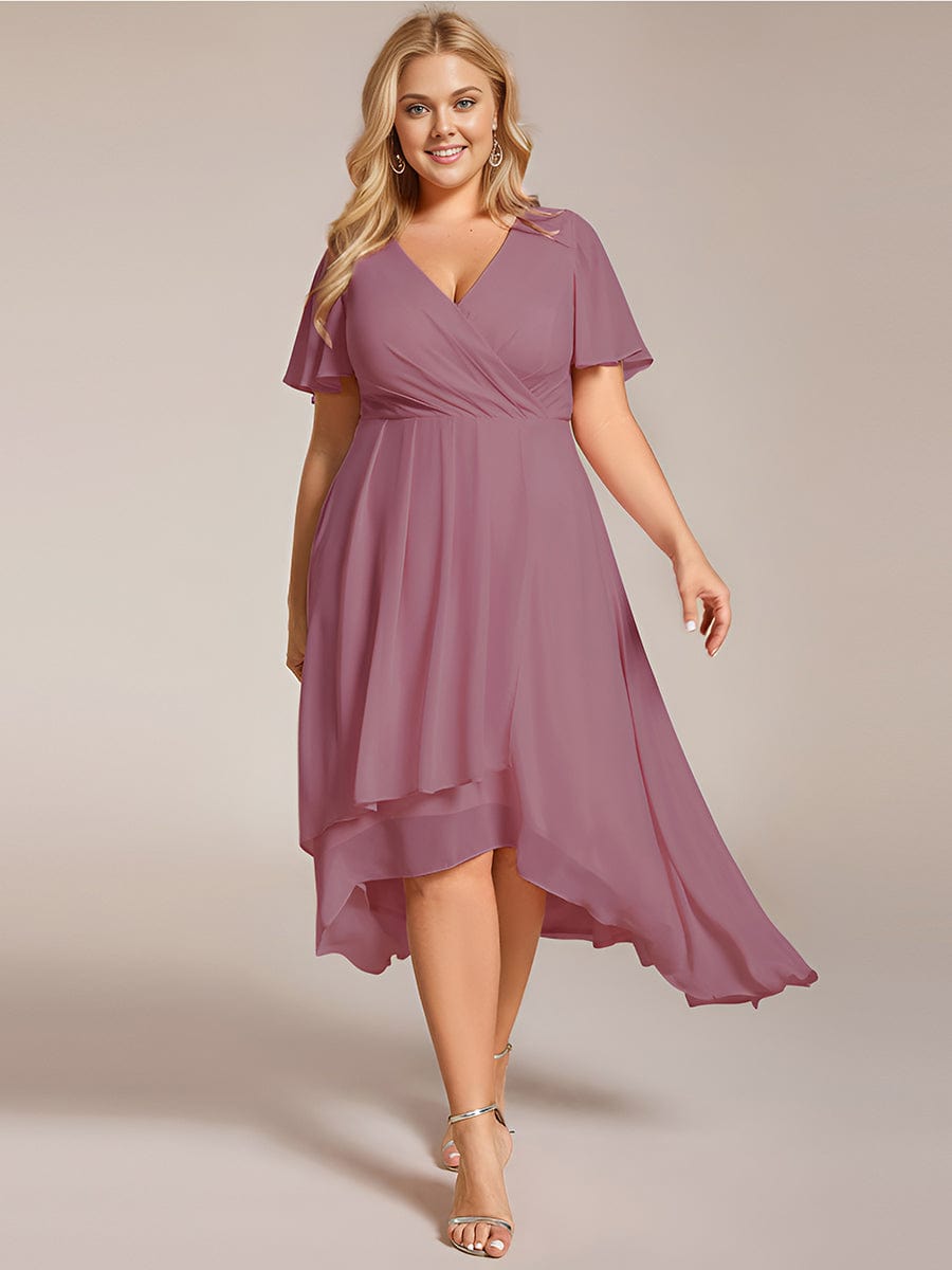 Plus Size Chiffon Short Sleeves Pleated V-Neck A-Line Midi Wedding Guest Dress #color_Purple Orchid