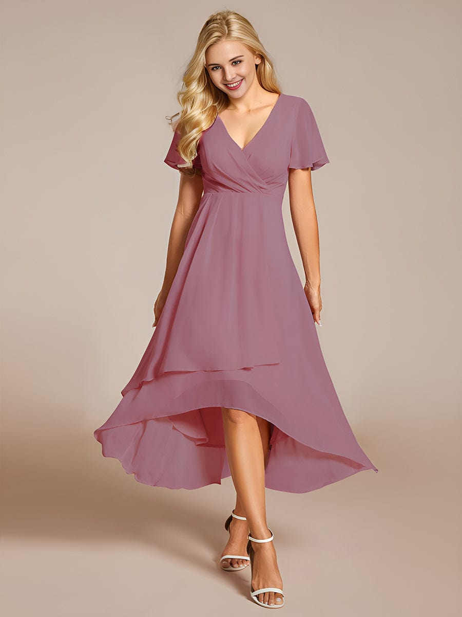 Pleated Chiffon Ruffles Sleeve Midi Bridesmaid Dress #color_Purple Orchid