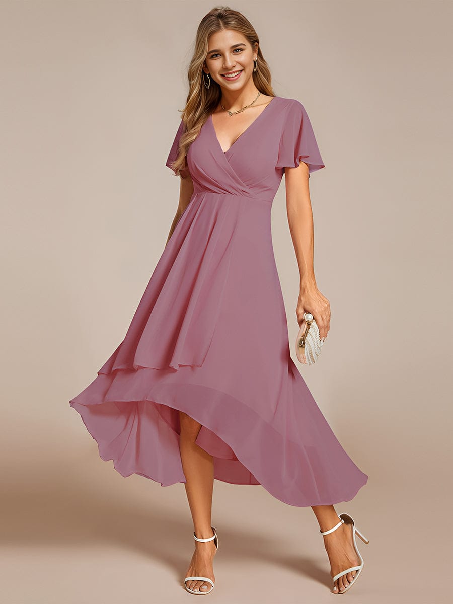 Ruffles Sleeve Pleated V-Neck A-Line Midi Chiffon Wedding Guest Dress #color_Purple Orchid