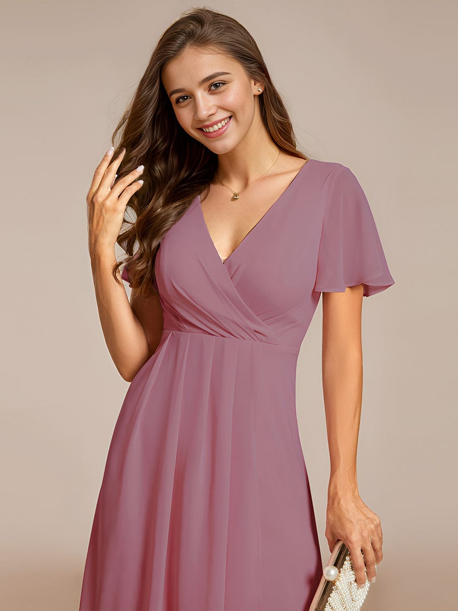 Pleated Chiffon Ruffles Sleeve Midi Bridesmaid Dress #color_Purple Orchid