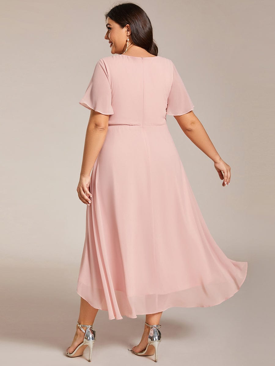 Plus Size Chiffon Short Sleeves Pleated V-Neck A-Line Midi Wedding Guest Dress #color_Pink