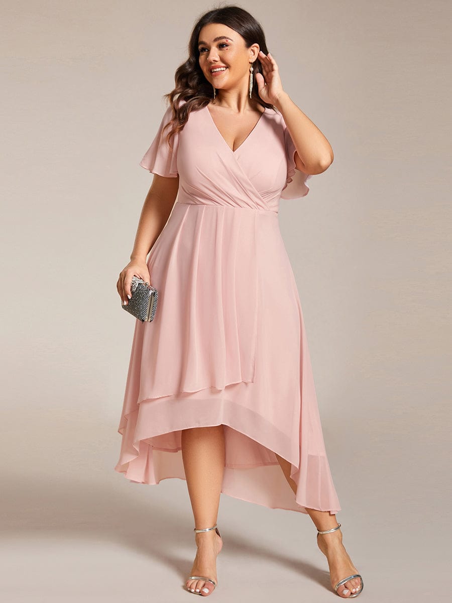 Plus Size Chiffon Short Sleeves Pleated V-Neck A-Line Midi Wedding Guest Dress #color_Pink