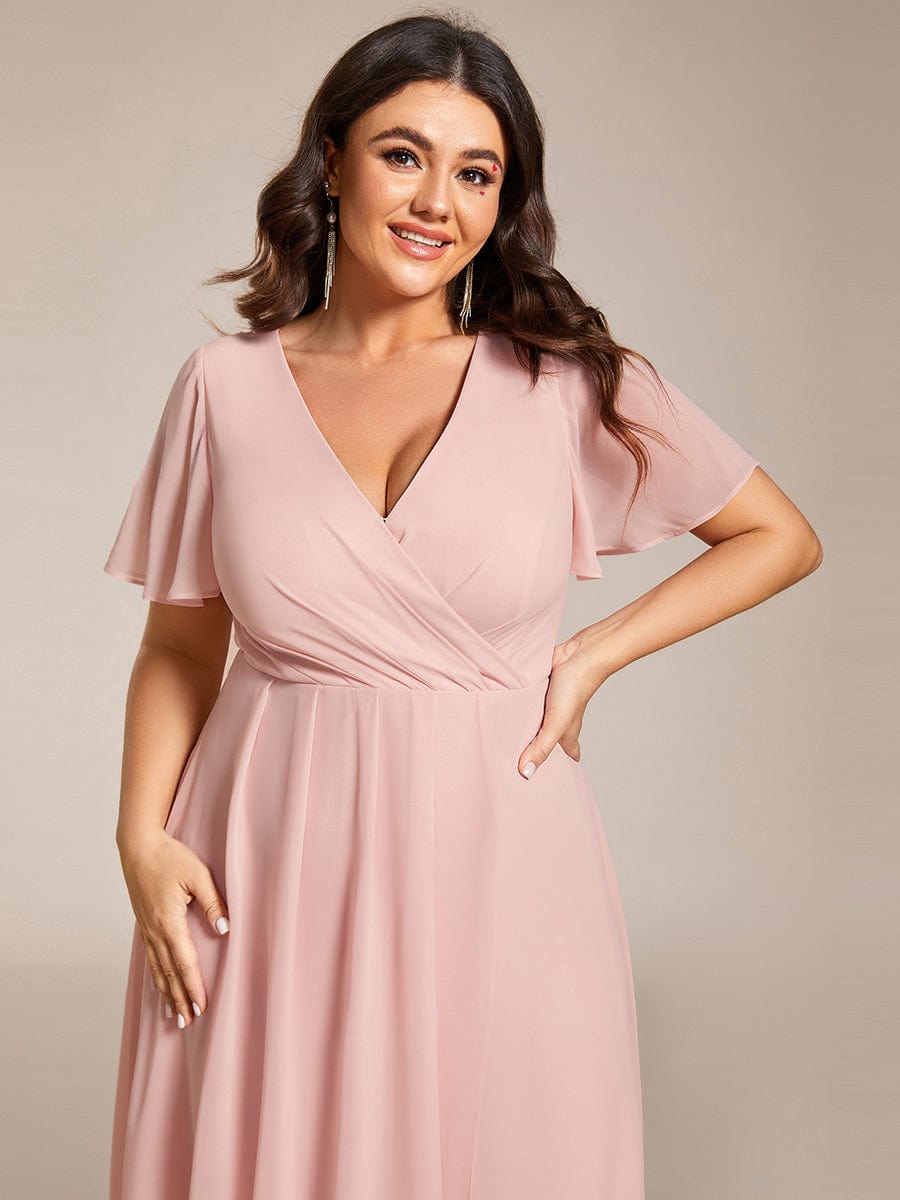 Plus Size Chiffon Short Sleeves Pleated V-Neck A-Line Midi Wedding Guest Dress #color_Pink
