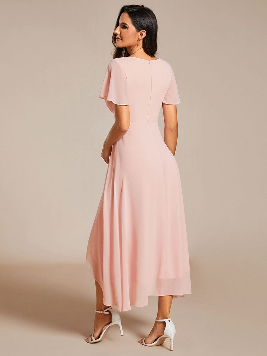 Pleated Chiffon Ruffles Sleeve Midi Bridesmaid Dress #color_Pink