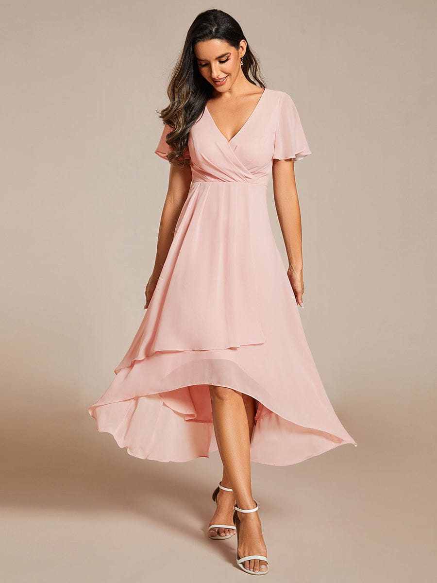 Ruffles Sleeve Pleated V-Neck A-Line Midi Chiffon Wedding Guest Dress #color_Pink