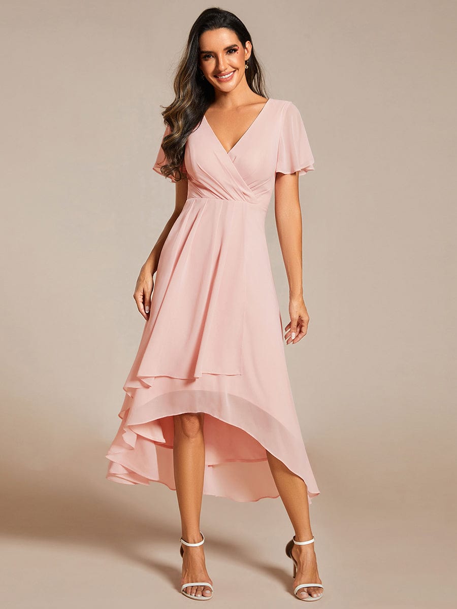 Pleated Chiffon Ruffles Sleeve Midi Bridesmaid Dress #color_Pink