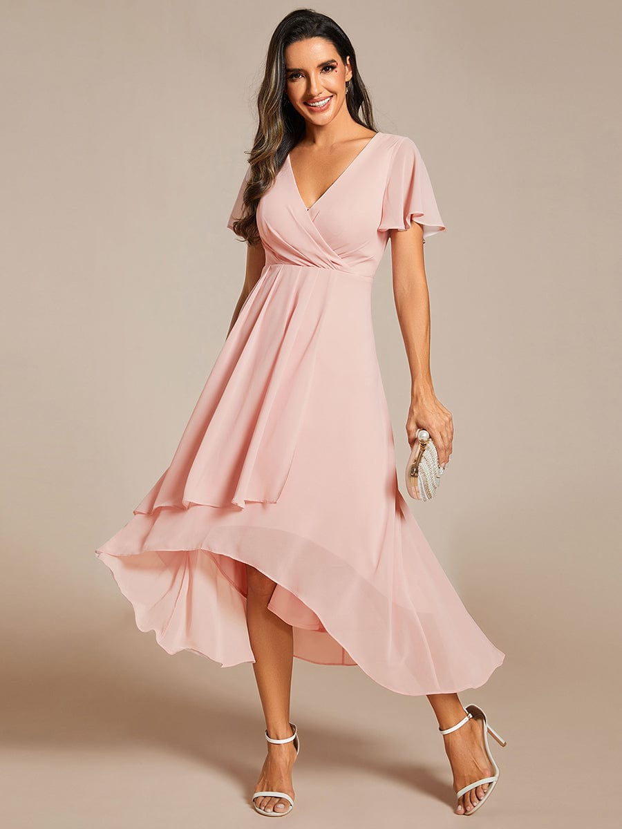 Pleated Chiffon Ruffles Sleeve Midi Bridesmaid Dress #color_Pink