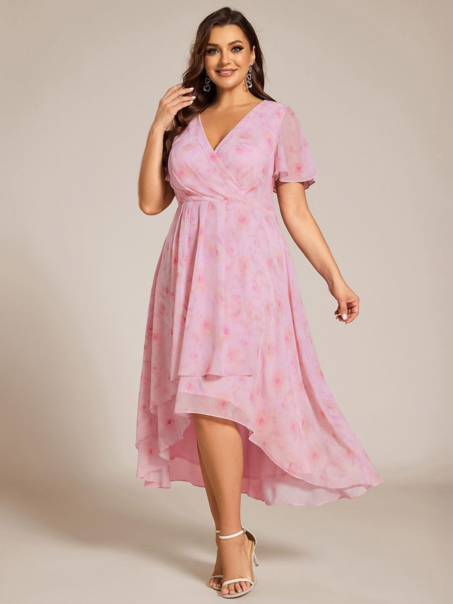 Plus Size Chiffon Short Sleeves Pleated V-Neck A-Line Midi Wedding Guest Dress  #color_Light Purple Roses