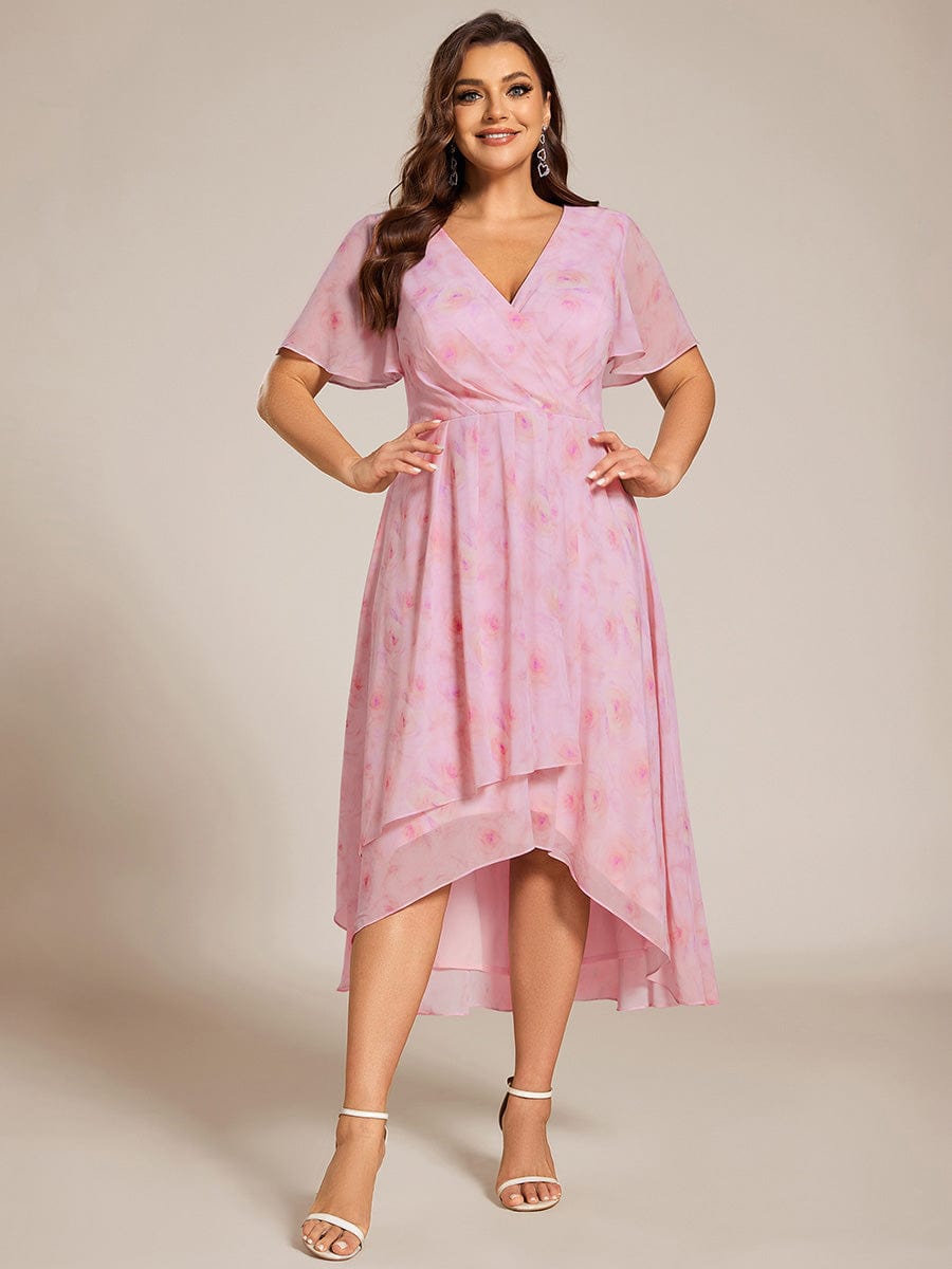 Plus Size Chiffon Short Sleeves Pleated V-Neck A-Line Midi Wedding Guest Dress  #color_Light Purple Roses