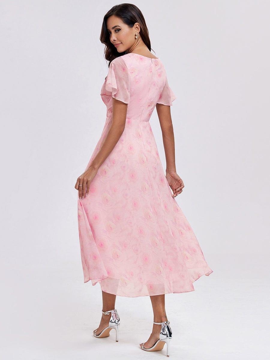 Ruffles Sleeve Pleated V-Neck A-Line Midi Chiffon Wedding Guest Dress #color_Light Purple Roses