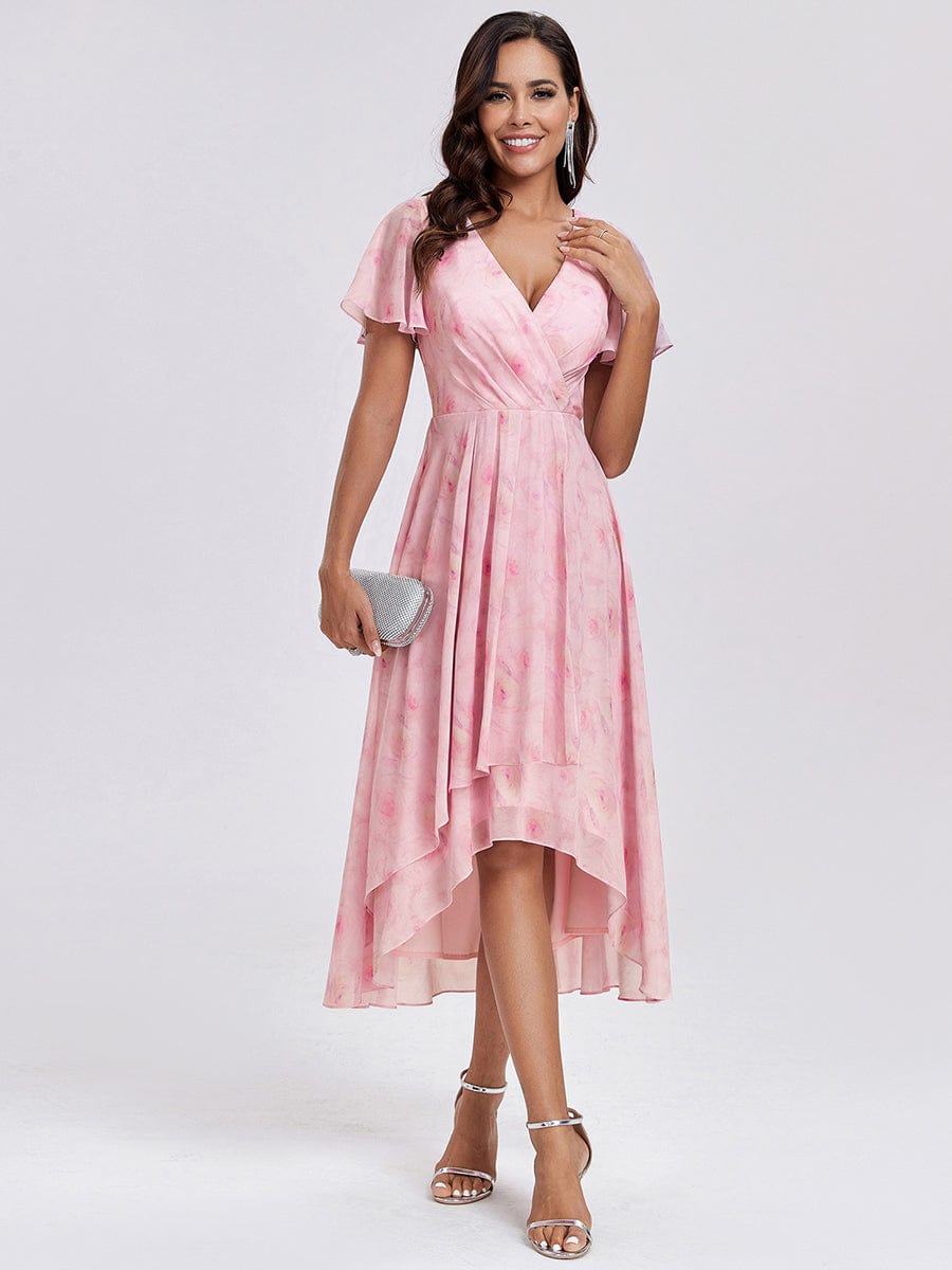 Pleated Chiffon Ruffles Sleeve Midi Bridesmaid Dress #color_Light Purple Roses