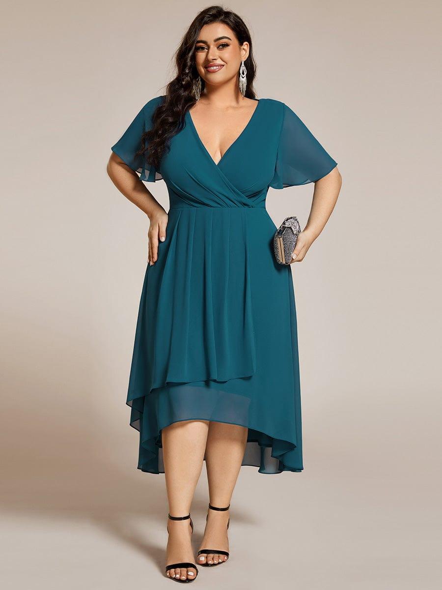 Flowy Ruffles Sleeve V-Neck A-Line Midi Chiffon Wedding Guest Dress #color_Teal