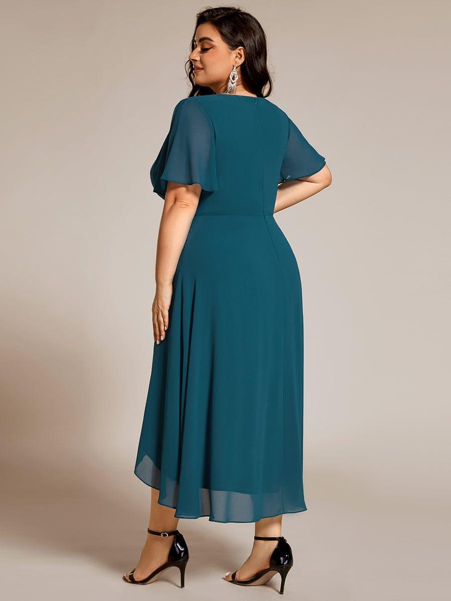 Flowy Ruffles Sleeve V-Neck A-Line Midi Chiffon Wedding Guest Dress #color_Teal